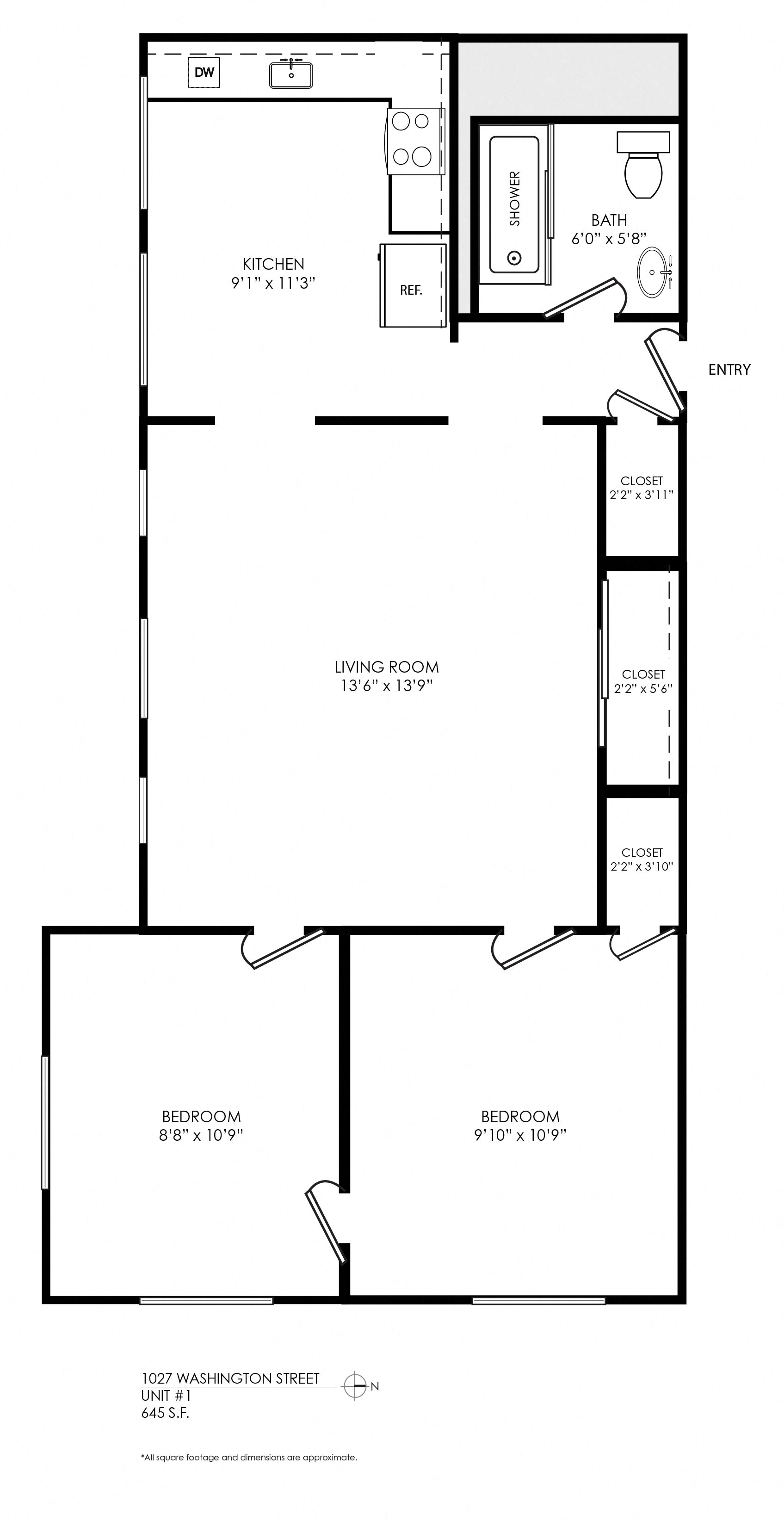 Floor plan for 2 beds, 1 bath, 620 sqft